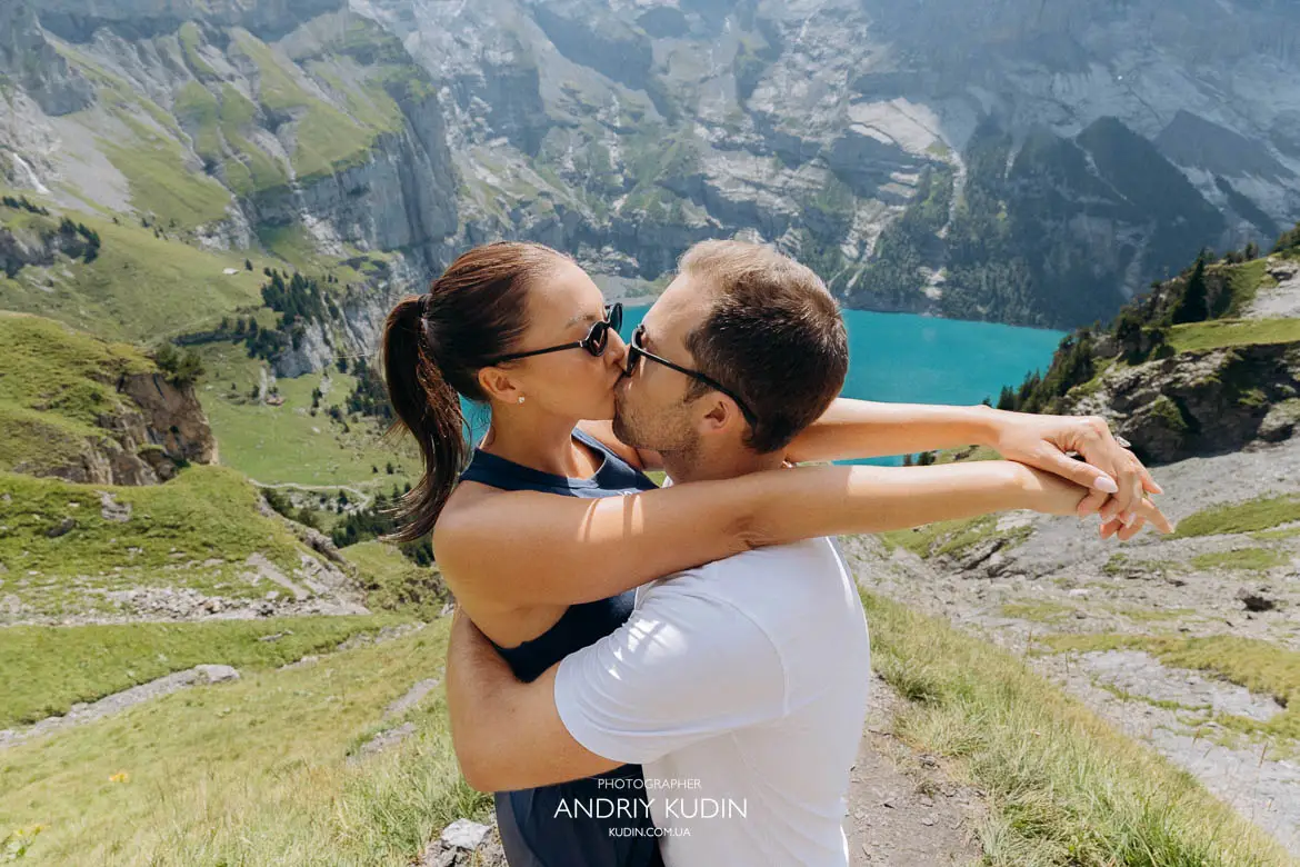 Newly engaged couple Holden and Misha celebrating marriage proposal at Oeschinensee