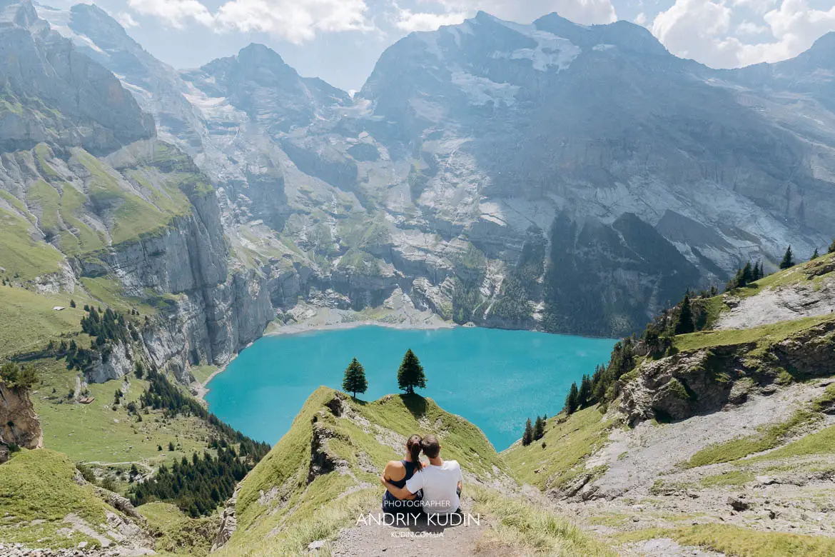 Romantic couple photoshoot with Swiss Alps background captured by professional photographer