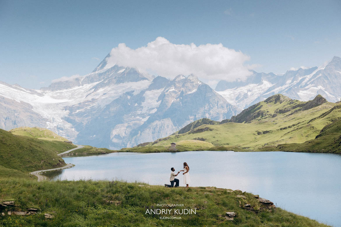 Surprise proposal at Bachalpsee lake Romantic surprise proposal at Bachalpsee lake in Grindelwald with Eiger background by switzerland proposal photographer