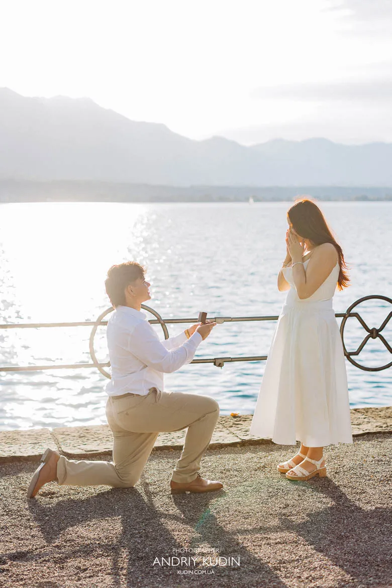 Lake Thun proposal by switzerland proposal photographer during sunset.