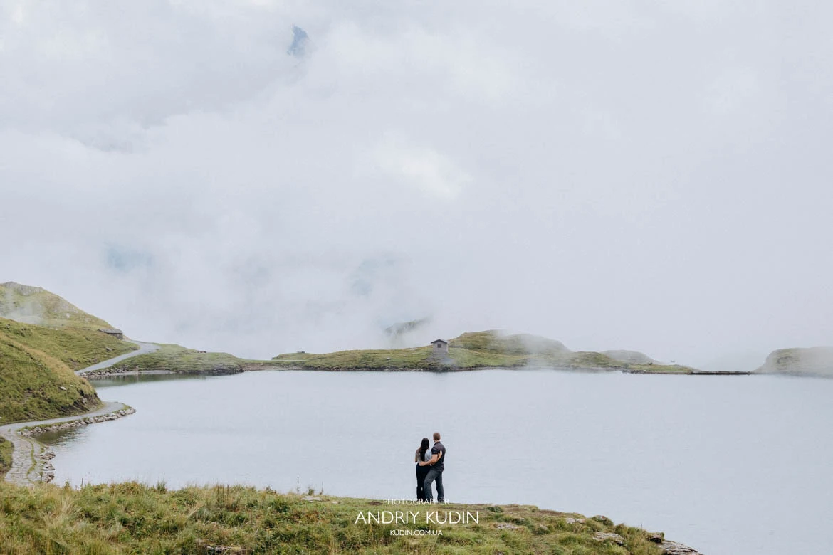 Engagement photoshoot at Bachalpsee Lake. switzerland proposal photographer