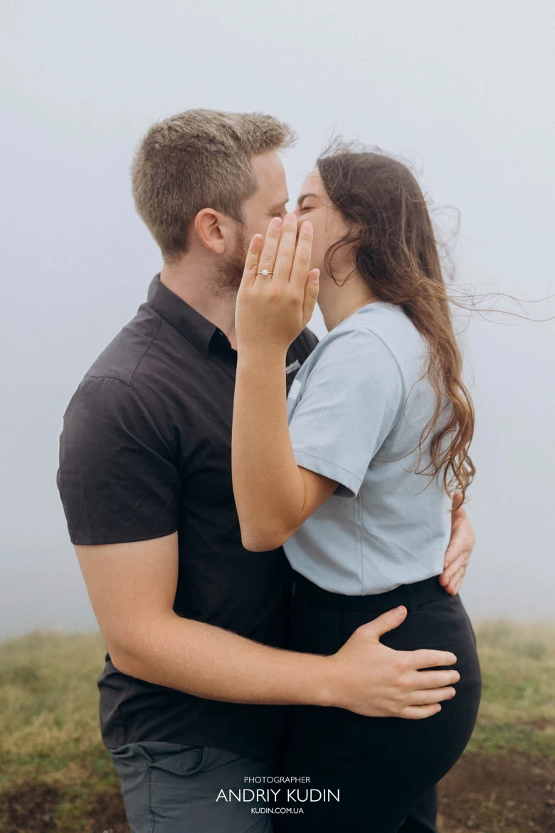 Newly engaged couple portrait in Swiss Alps